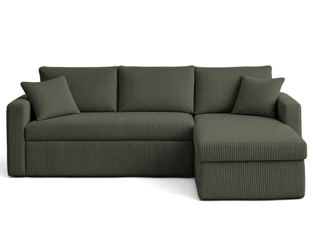 Canapé d’angle CYRUS 4 places convertible avec coffre en velours côtelé vert – Best Mobilier — photo produit