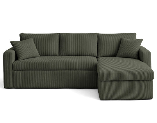 Canapé d’angle CYRUS 4 places convertible avec coffre en velours côtelé vert – Best Mobilier — photo produit