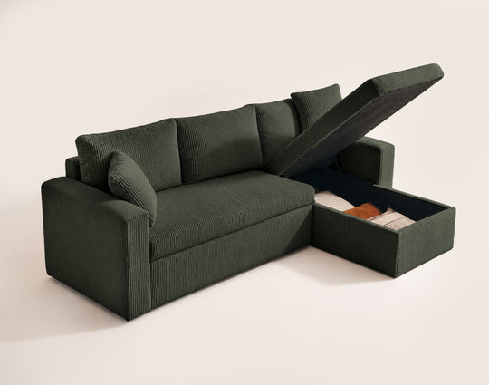 Canapé d’angle CYRUS 4 places convertible avec coffre en velours côtelé vert – Best Mobilier — photo produit