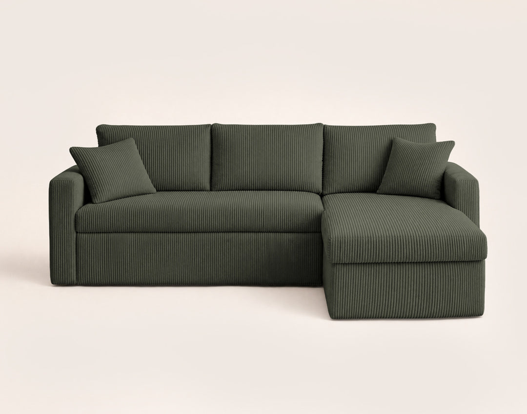 Canapé d’angle CYRUS 4 places convertible avec coffre en velours côtelé vert – Best Mobilier — photo produit