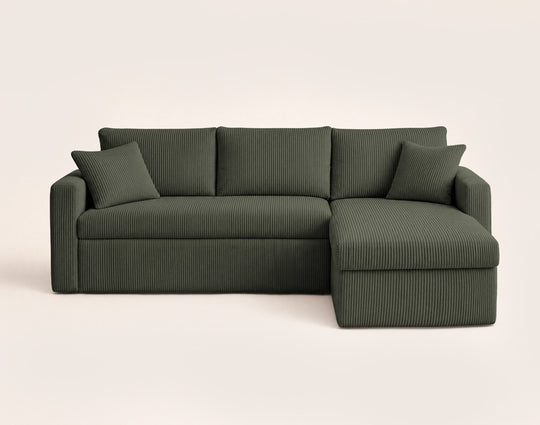 Canapé d’angle CYRUS 4 places convertible avec coffre en velours côtelé vert – Best Mobilier — photo produit