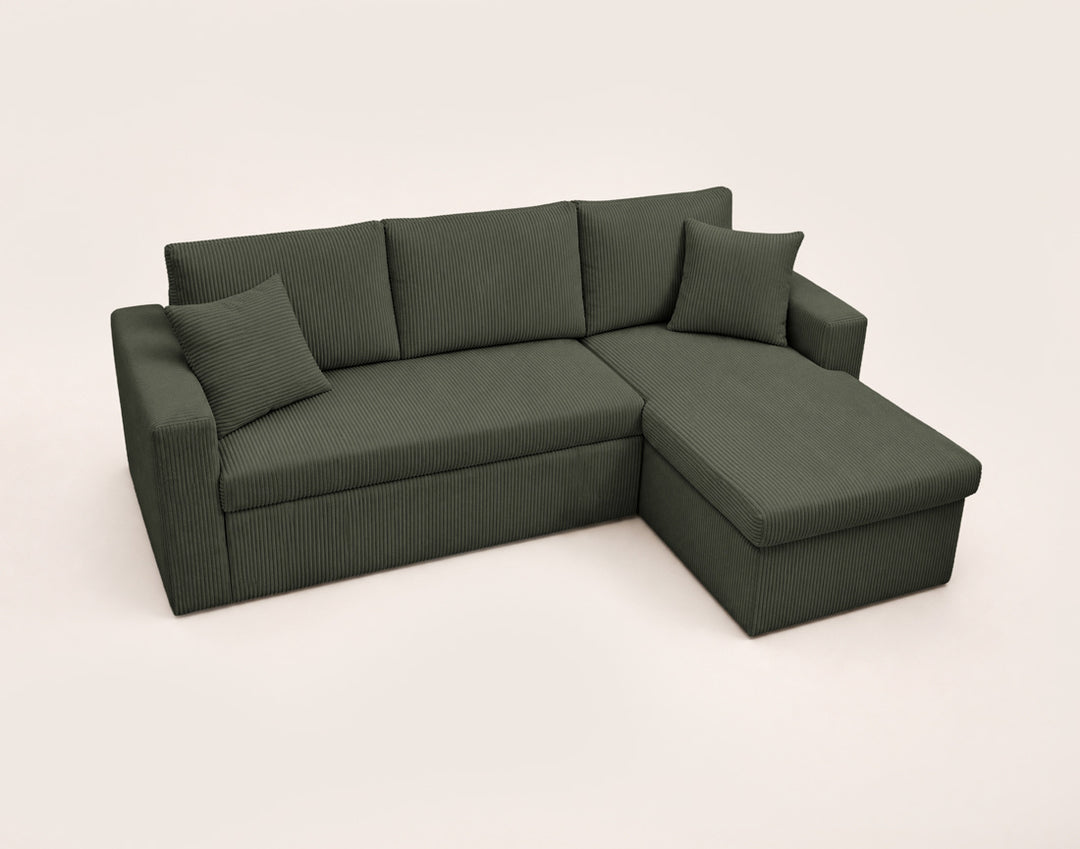 Canapé d’angle CYRUS 4 places convertible avec coffre en velours côtelé vert – Best Mobilier — photo produit