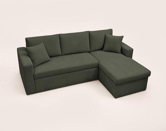 Canapé d’angle CYRUS 4 places convertible avec coffre en velours côtelé vert – Best Mobilier — photo produit
