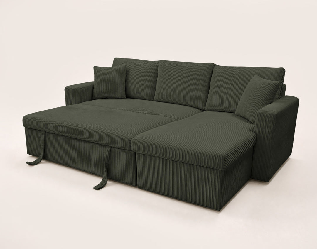 Canapé d’angle CYRUS 4 places convertible avec coffre en velours côtelé vert – Best Mobilier — photo produit