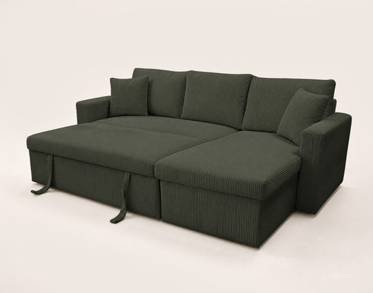 Canapé d’angle CYRUS 4 places convertible avec coffre en velours côtelé vert – Best Mobilier — photo produit