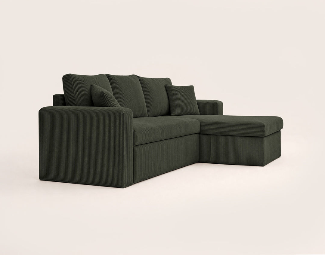 Canapé d’angle CYRUS 4 places convertible avec coffre en velours côtelé vert – Best Mobilier — photo produit