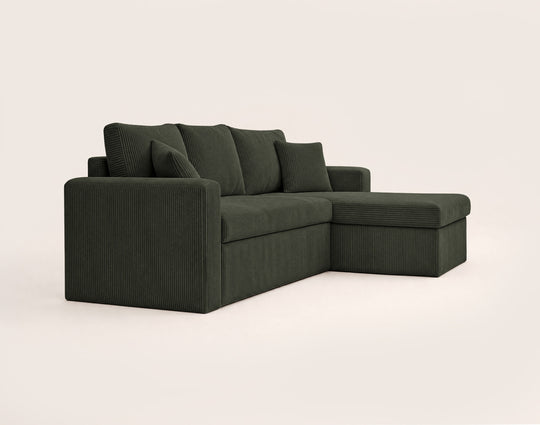 Canapé d’angle CYRUS 4 places convertible avec coffre en velours côtelé vert – Best Mobilier — photo produit