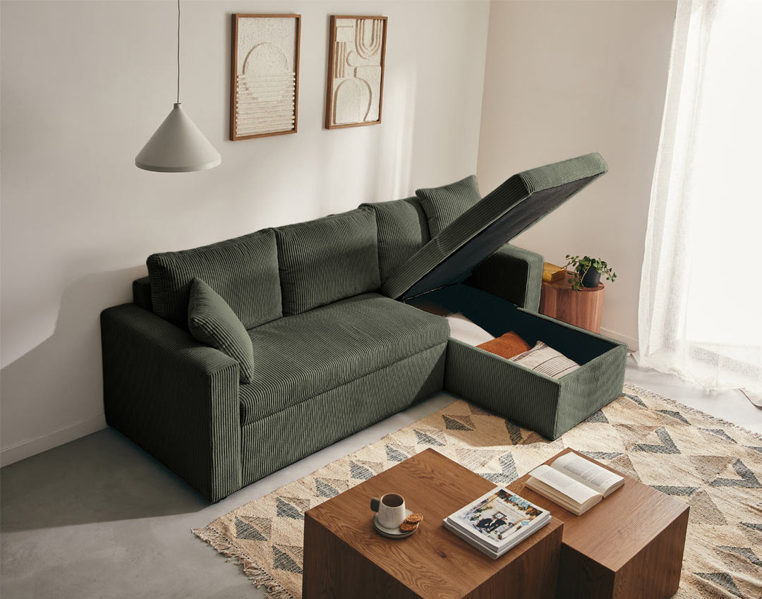 Canapé d’angle CYRUS 4 places convertible avec coffre en velours côtelé vert – Best Mobilier — photo produit