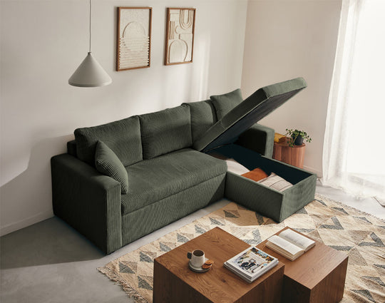 Canapé d’angle CYRUS 4 places convertible avec coffre en velours côtelé vert – Best Mobilier — photo produit