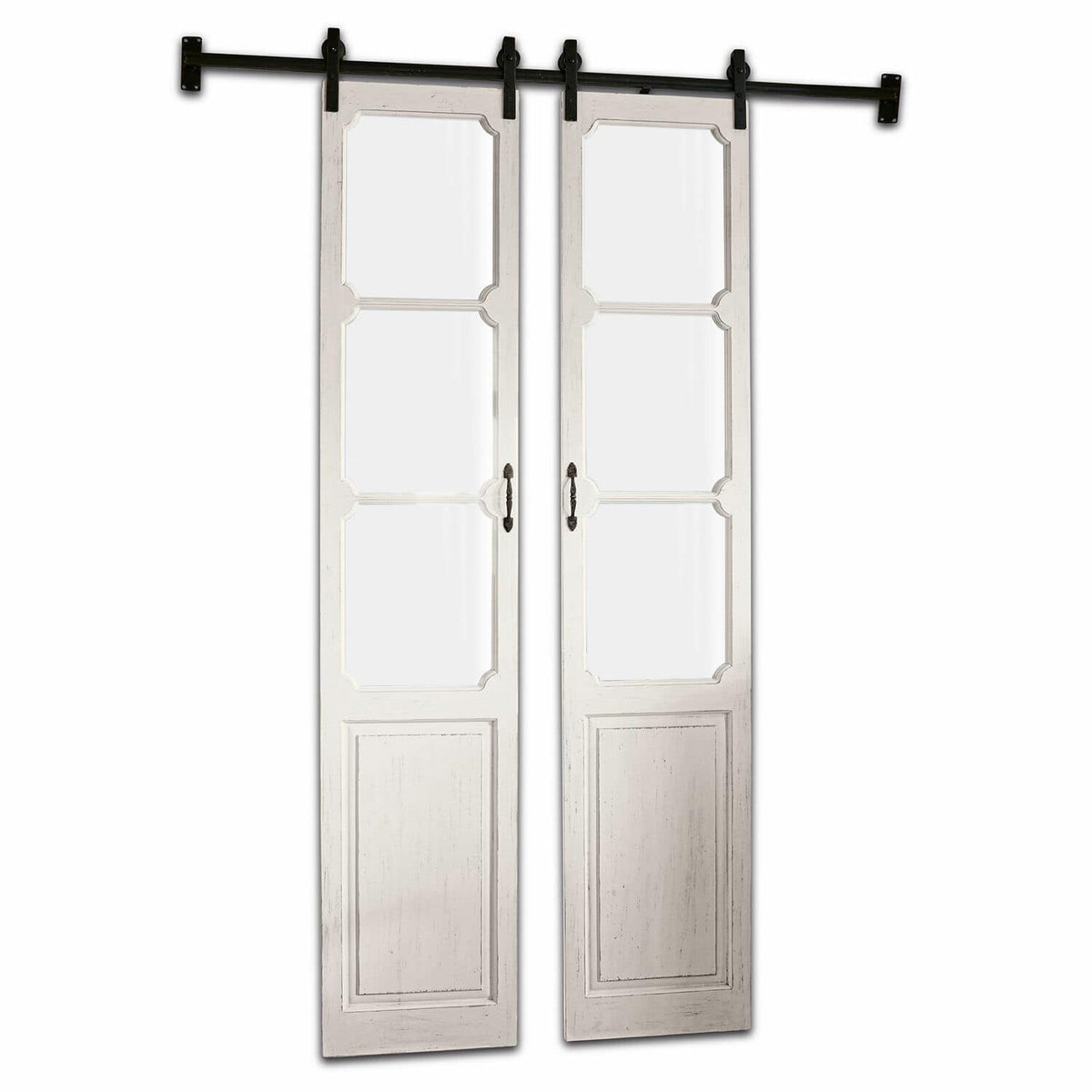 Porte coulissante double LOBERON Tibout en bois de sapin blanc vieilli — photo produit