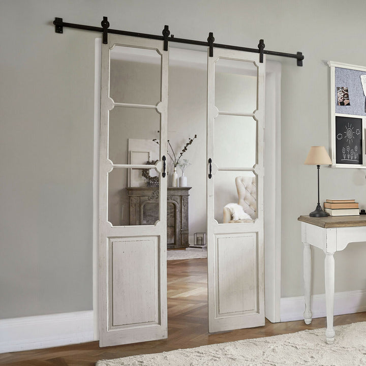 Porte coulissante double LOBERON Tibout en bois de sapin blanc vieilli