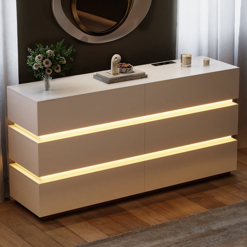 Commode HOMARY Lumio 150 cm blanche avec LED, 6 tiroirs et station de charge — photo produit