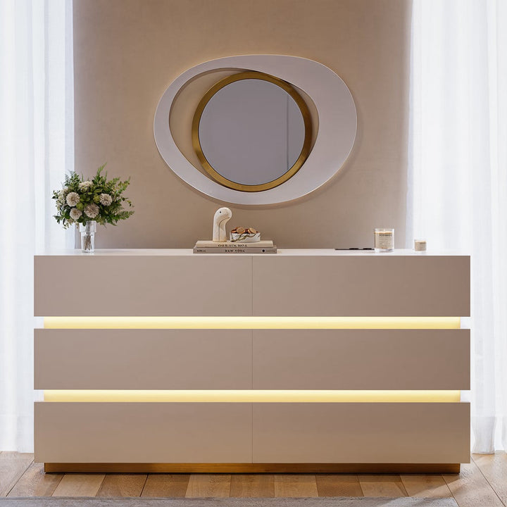Commode HOMARY Lumio 150 cm blanche avec LED, 6 tiroirs et station de charge