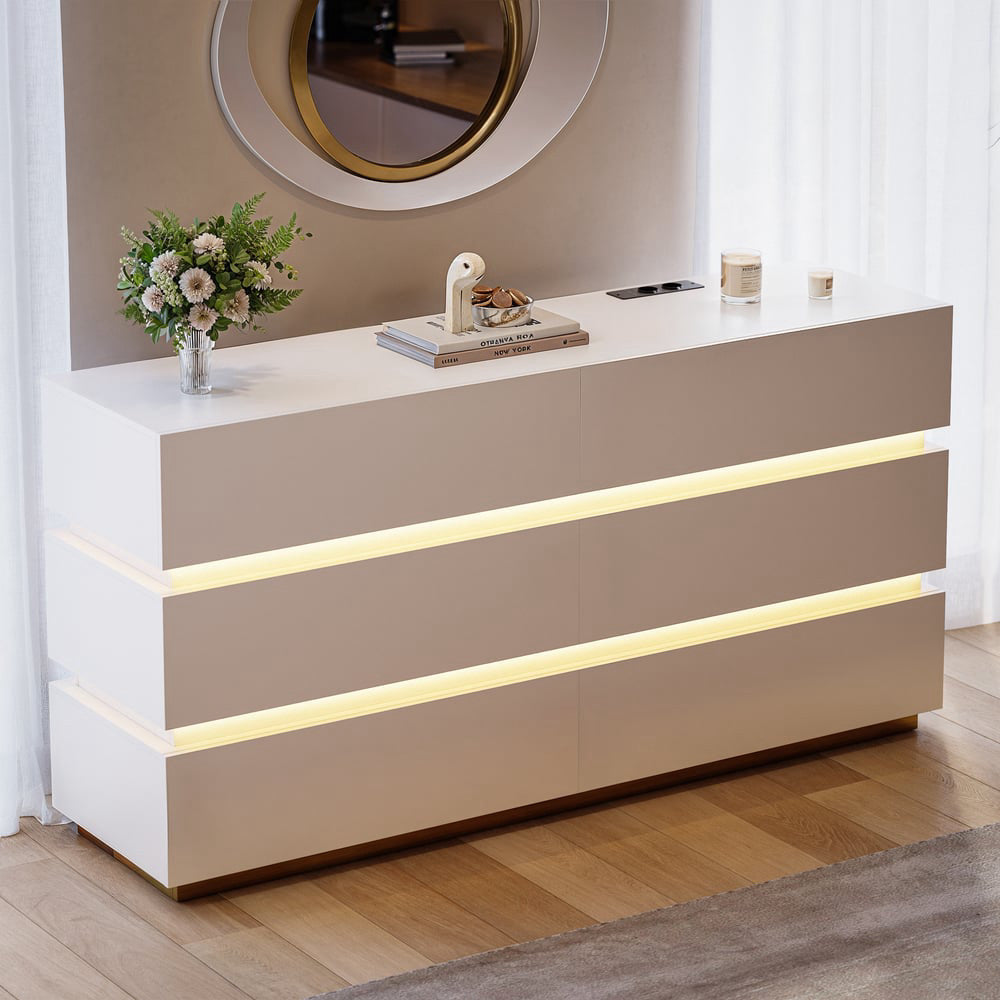 Commode HOMARY Lumio 150 cm blanche avec LED, 6 tiroirs et station de charge — photo produit