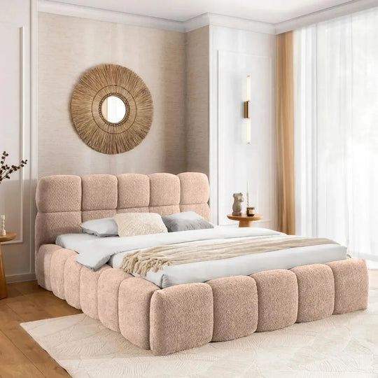 Lit coffre CASANOVA Elise en tissu bouclette rose 140x200cm — photo produit