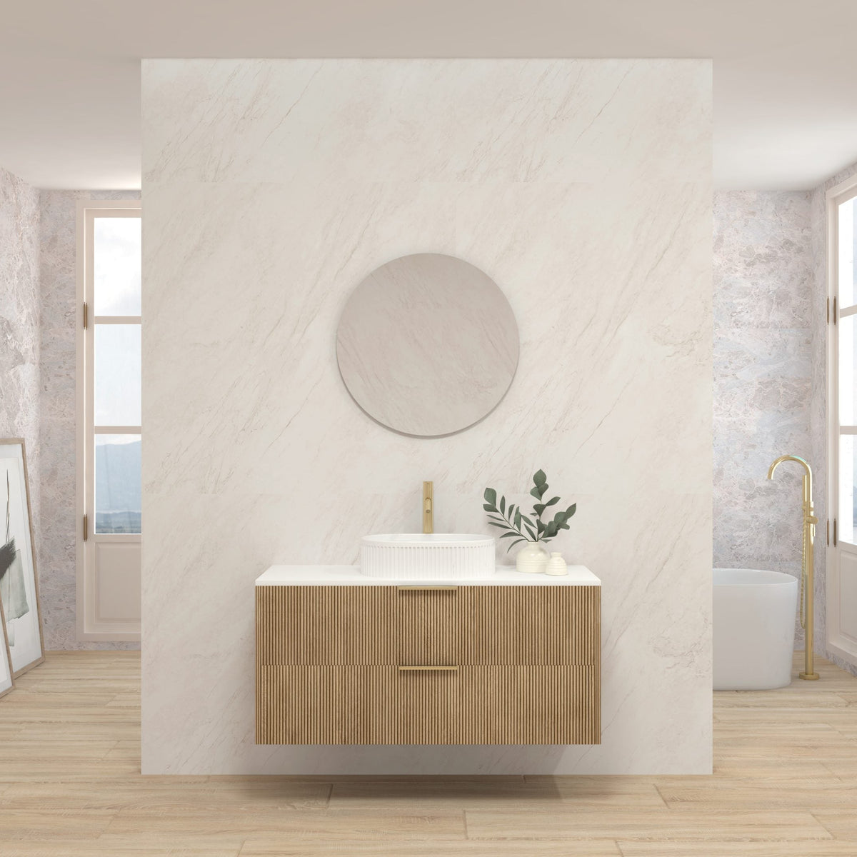Ensemble de meubles de salle de bains EMENE RAFFINÉ Alcatraz 120 cm avec vasque cannelée et miroir rond — photo produit