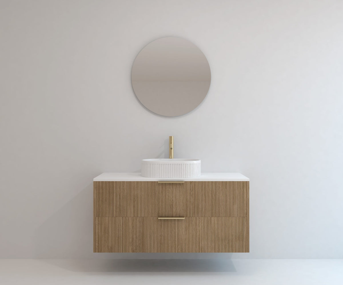 Ensemble de meubles de salle de bains EMENE RAFFINÉ Alcatraz 120 cm avec vasque cannelée et miroir rond — photo produit
