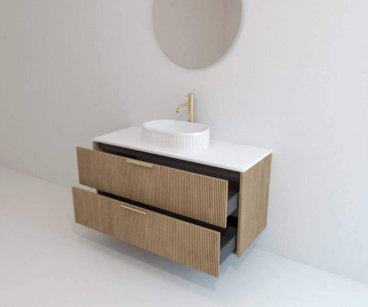 Ensemble de meubles de salle de bains EMENE RAFFINÉ Alcatraz 120 cm avec vasque cannelée et miroir rond — photo produit
