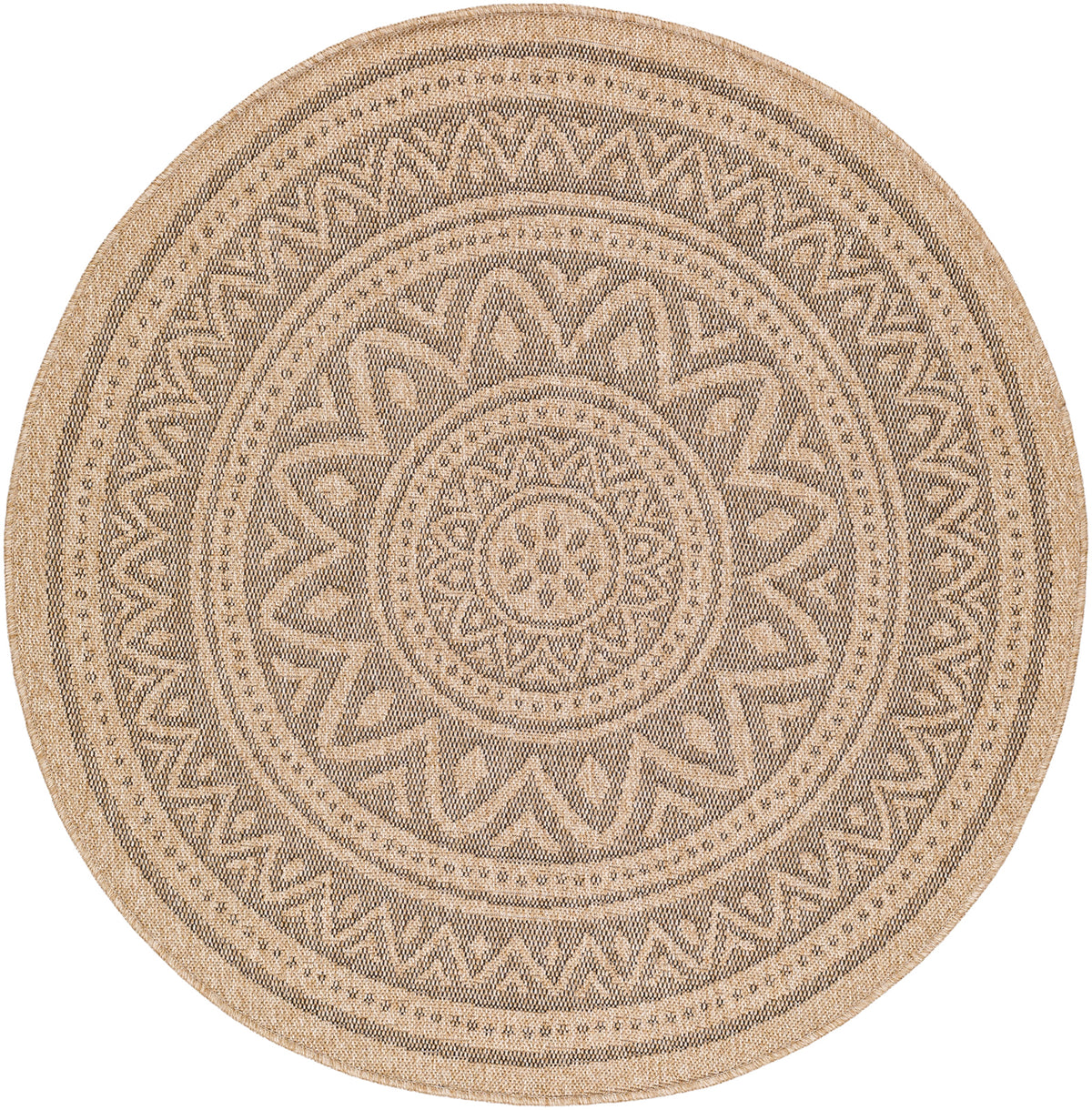 Tapis rond SURYA Lee extérieur, motif rosace aspect jute beige et noir, vue 2