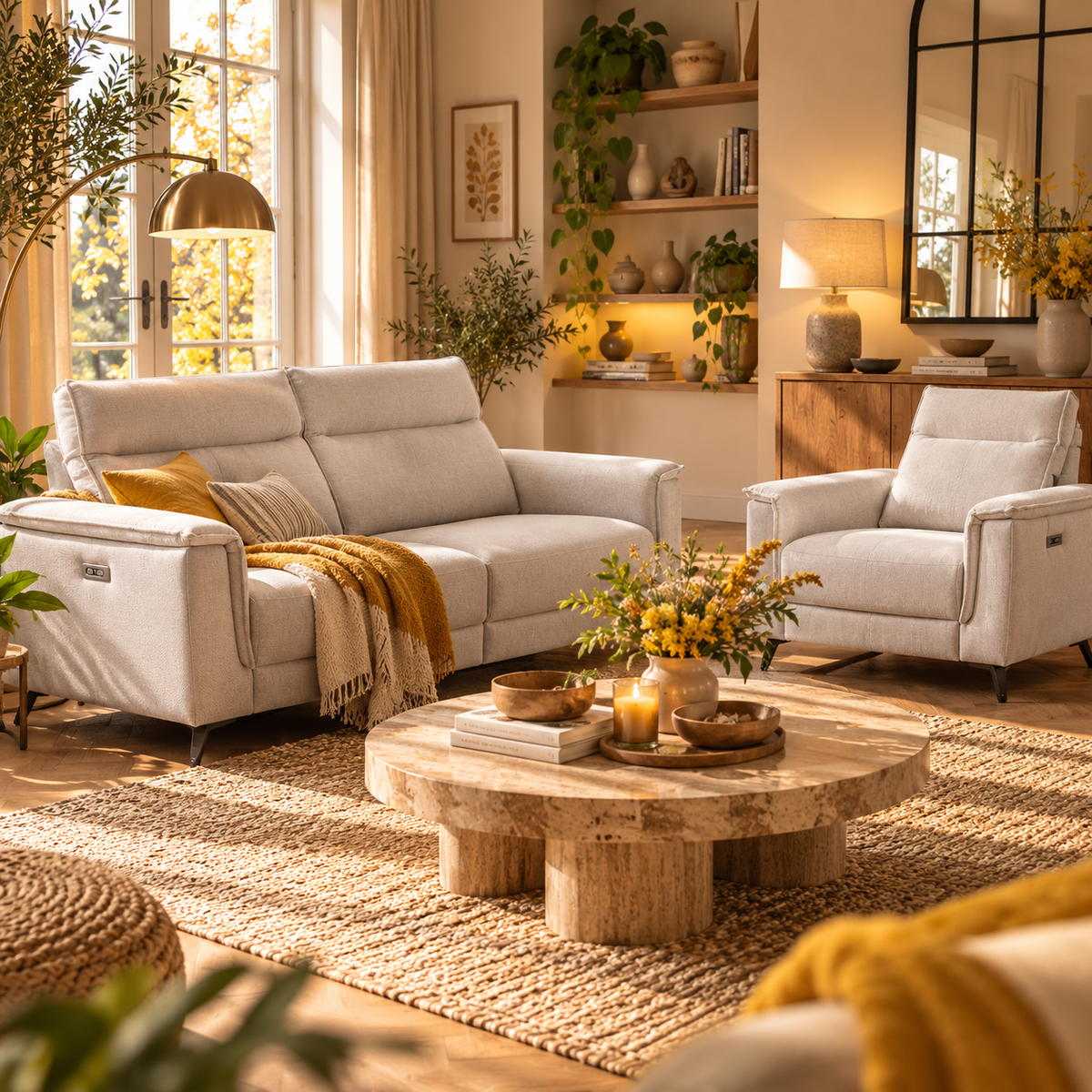Ensemble canapé et fauteuil électriques JOY en tissu beige 4 moteurs USB