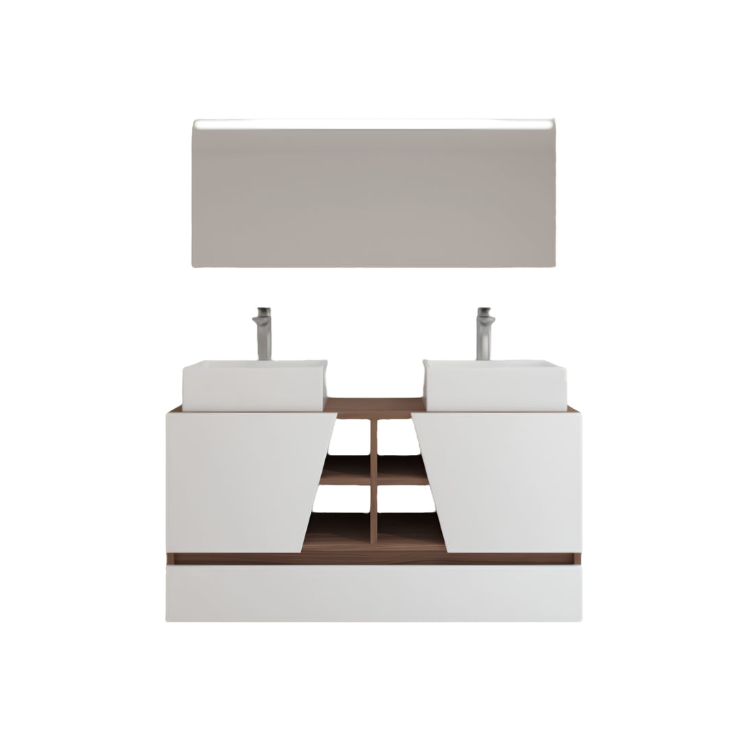 Ensemble de meubles de salle de bain MAPAU Rennes plus noyer Canaletto, 120 cm + double vasque + miroir LED