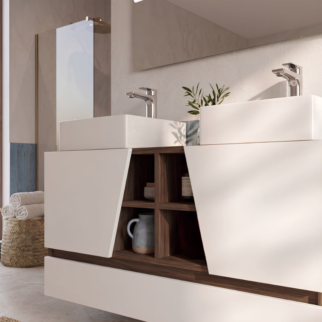 Ensemble de meubles de salle de bain MAPAU Rennes plus noyer Canaletto, 120 cm + double vasque + miroir LED