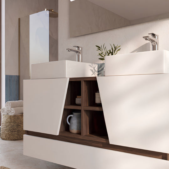 Ensemble de meubles de salle de bain MAPAU Rennes plus noyer Canaletto, 120 cm + double vasque + miroir LED
