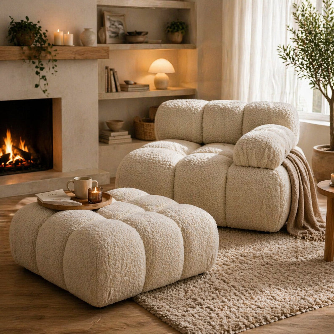 Ensemble Module d'angle droit et Pouf MICADONI Bellis en tissu bouclé Beige clair