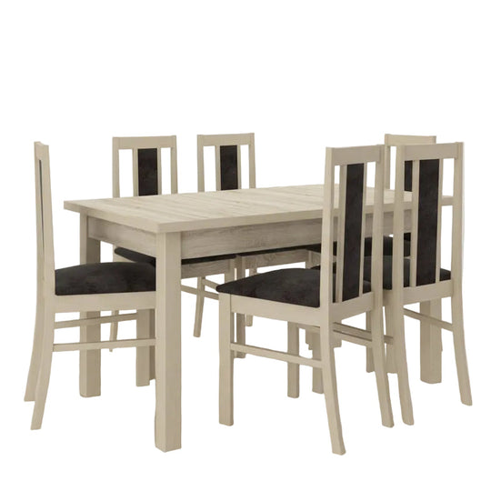 Ensemble table extensible 140/180 cm et 6 chaises LES TENDANCES Louiza en bois clair de sonoma et tissu Noir