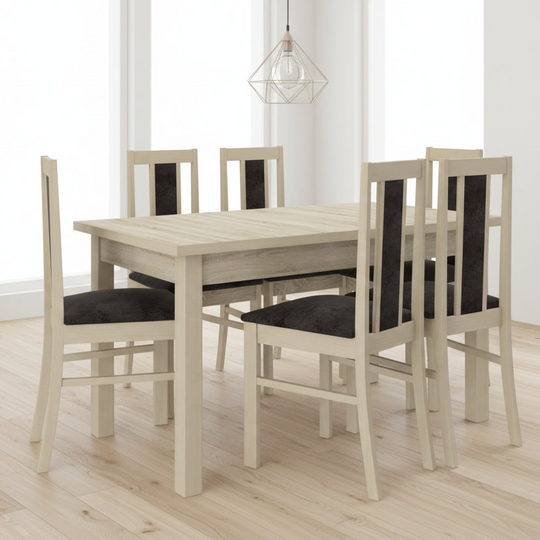 Ensemble table extensible 140/180 cm et 6 chaises LES TENDANCES Louiza en bois clair de sonoma et tissu Noir