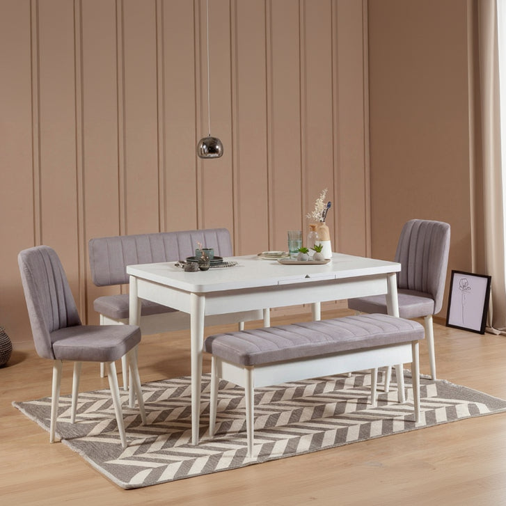 Ensemble de salle à manger LES TENDANCES Mariva avec table extensible, 2 chaises et 2 bancs en tissus Gris