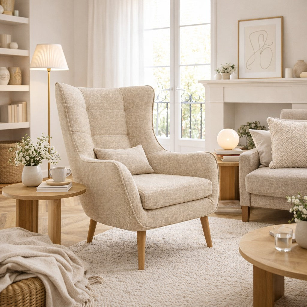 Fauteuil Comfivo en tissu Brun clair et Pieds en Bois