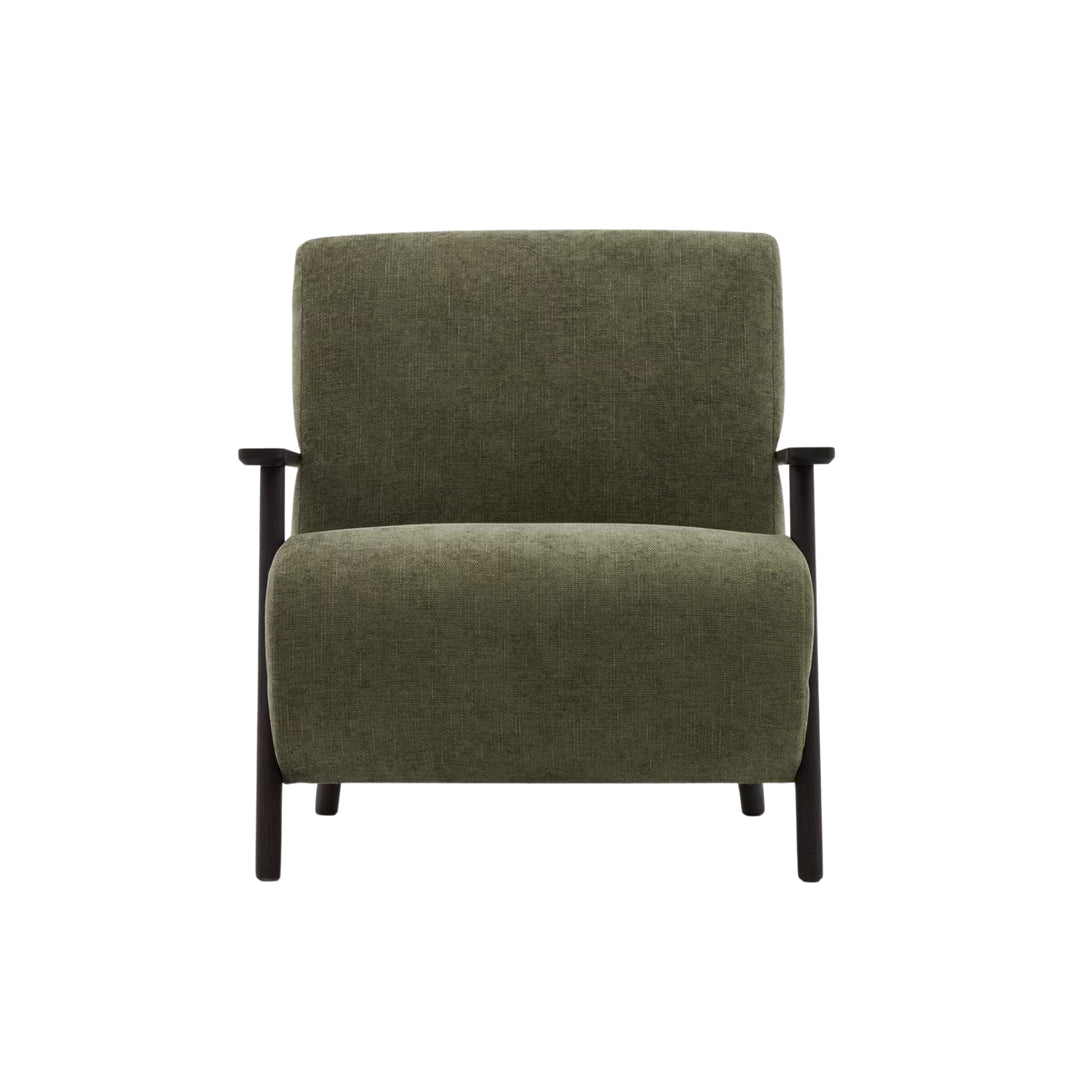 Fauteuil KAVE HOME Meghan en chenille vert et bois de frêne finition noir
