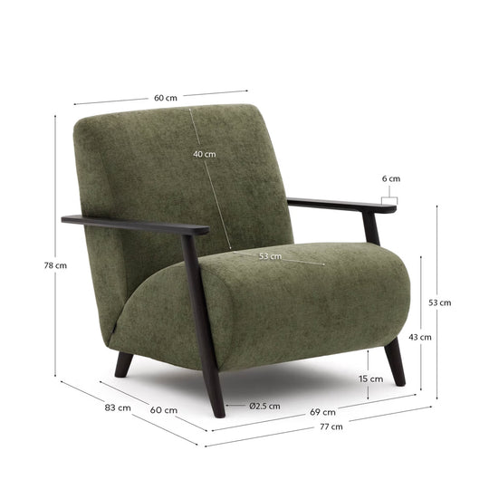 Fauteuil KAVE HOME Meghan en chenille vert et bois de frêne finition noir