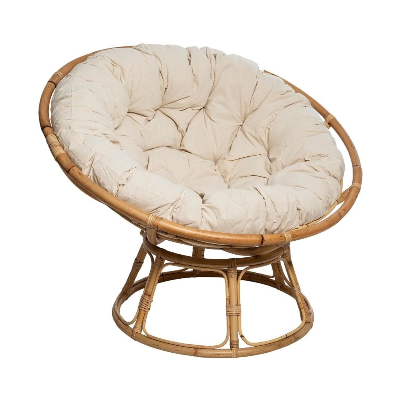 Fauteuil Papasan Seram en Rotin Beige avec Coussin Blanc Cassé