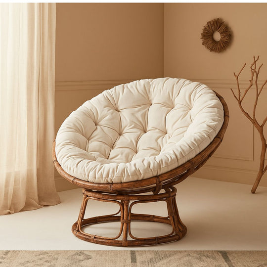 Lot de 2 fauteuils papasan en rotin et coussin ecru