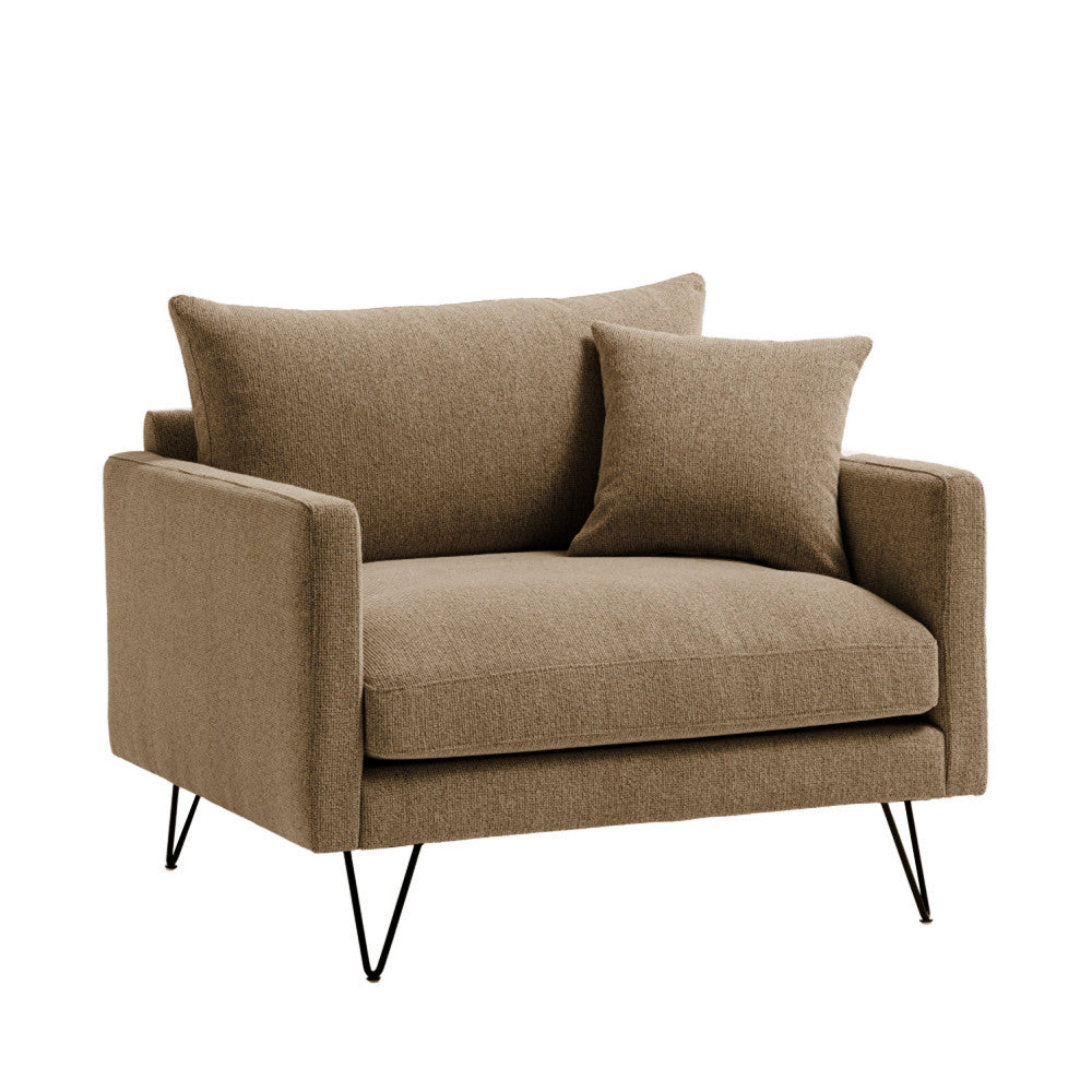 Fauteuil XL DRAWER Villabon en tissu Caramel chiné pieds épingles noirs