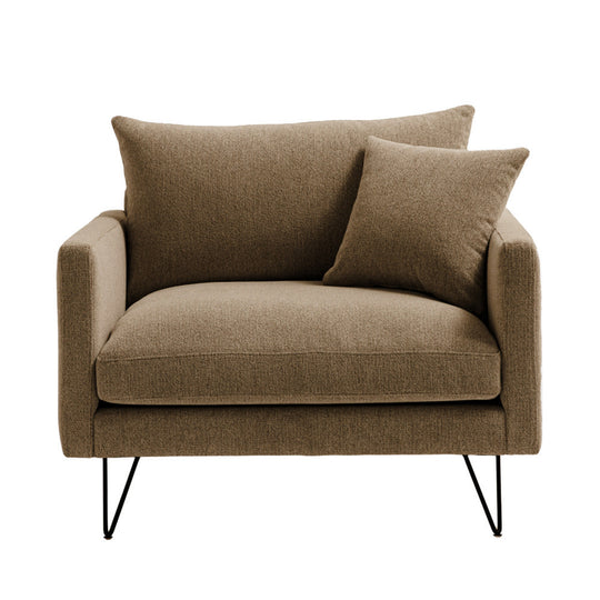 Fauteuil XL DRAWER Villabon en tissu Caramel chiné pieds épingles noirs
