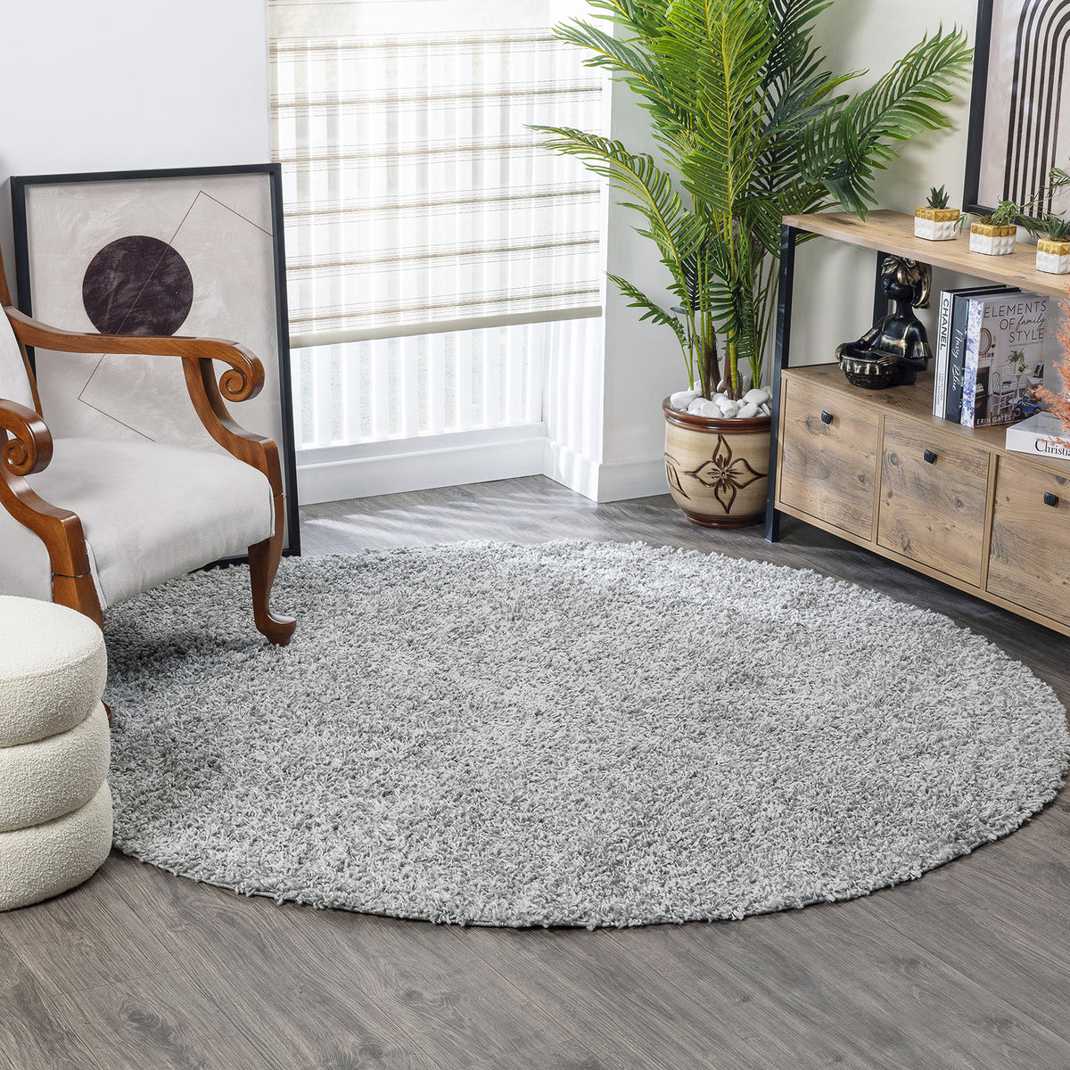 Tapis rond shaggy SURYA Boracay uni, poils longs gris