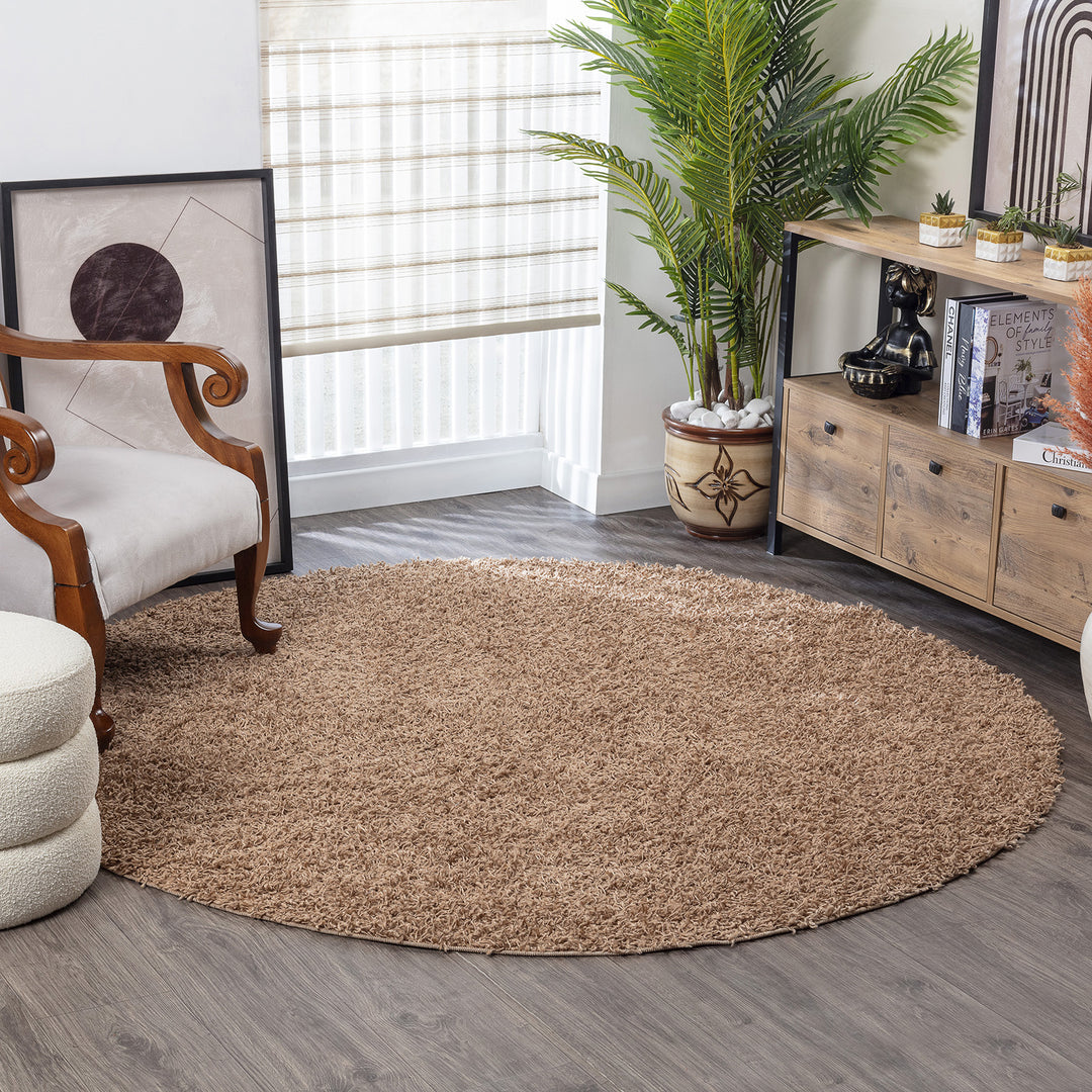 Tapis Rond Shaggy Moderne Beige Foncé Rond Boracay