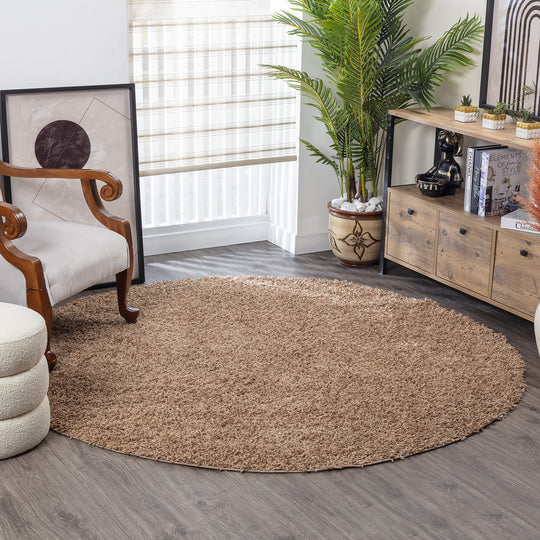 Tapis Rond Shaggy Moderne Beige Foncé Rond Boracay