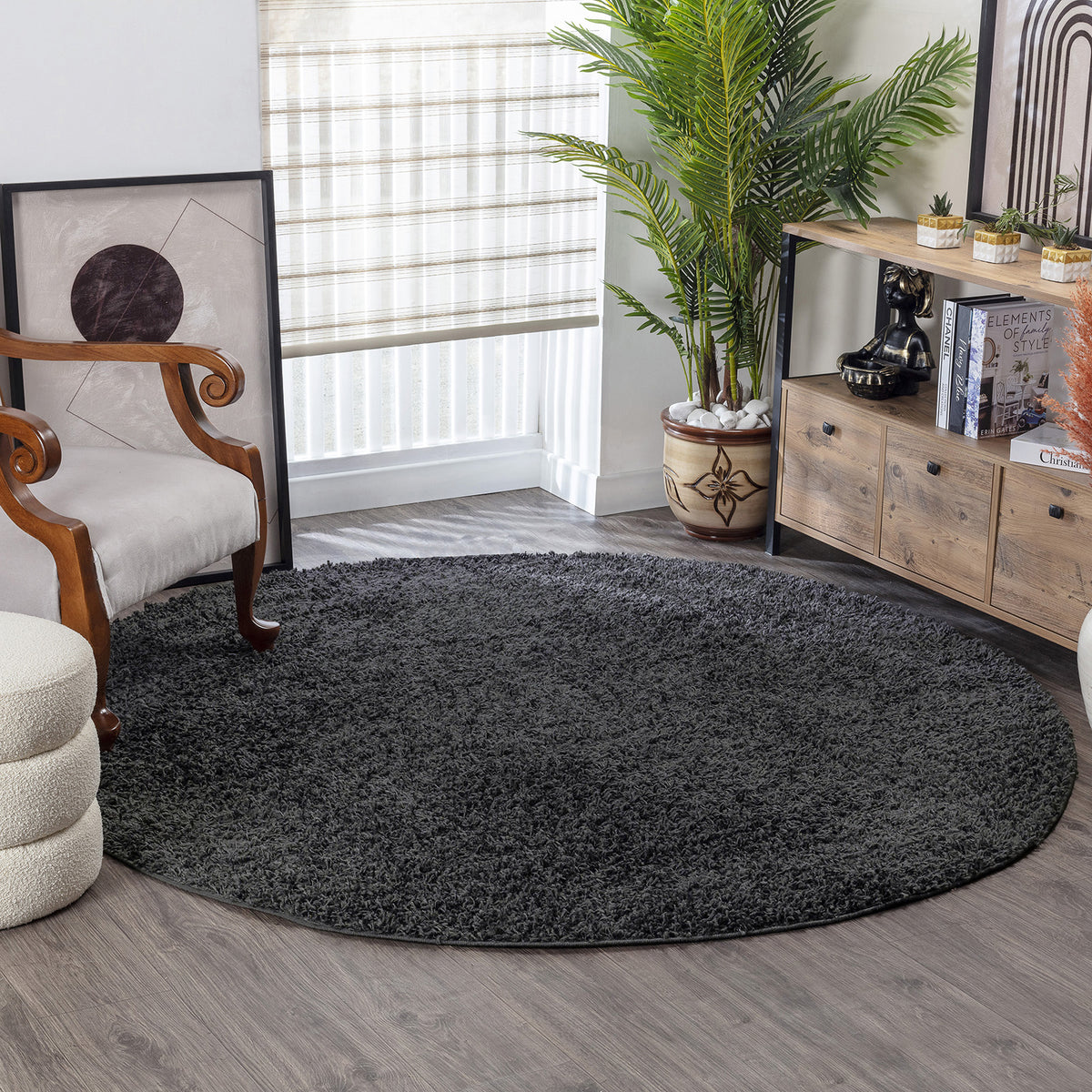 Tapis rond SURYA Boracay shaggy, poils longs uni gris anthracite