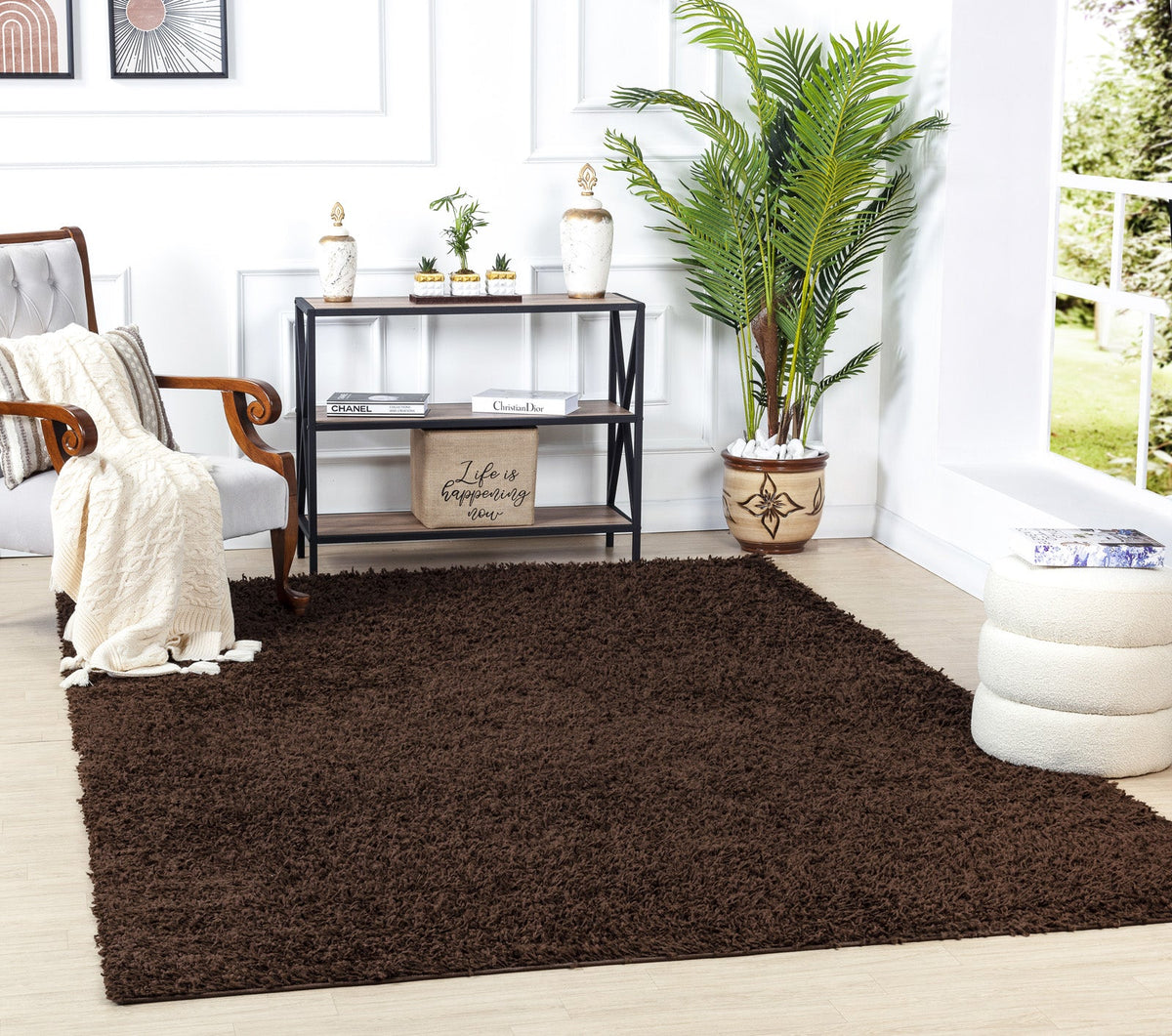 Tapis SURYA Lilly shaggy, uni marron foncé à poils longs, vue 9