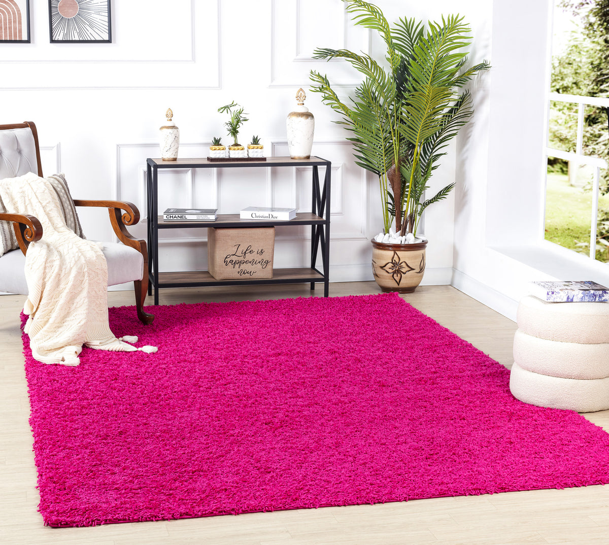 Tapis SURYA Boracay shaggy, uni rose fuchsia à poils longs