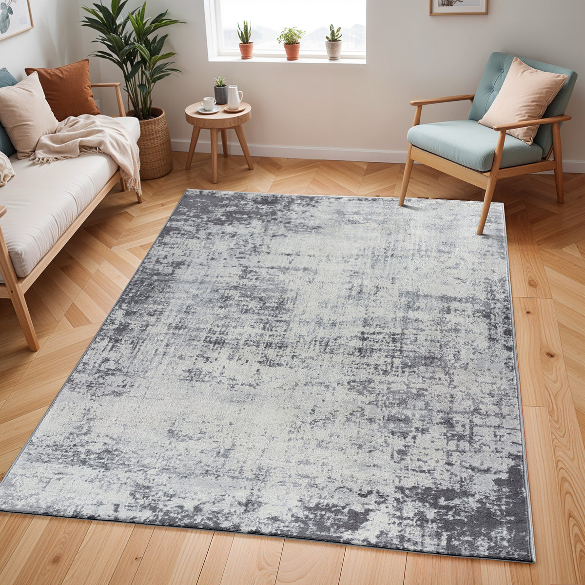 Tapis SURYA Wamba moderne, motif abstrait patiné, gris, anthracite et blanc cassé