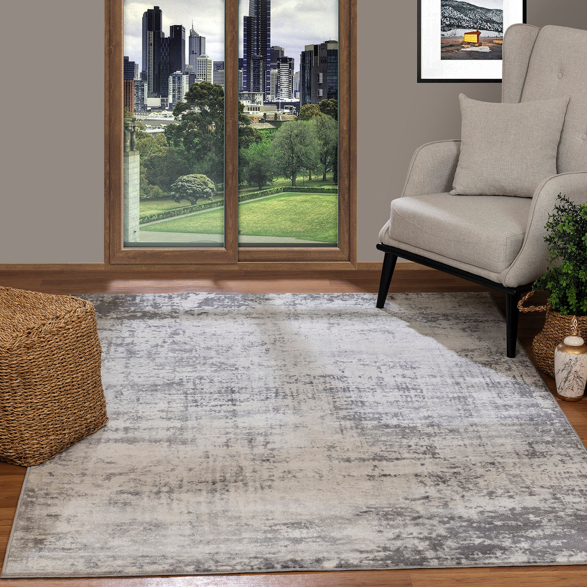 Tapis SURYA Wamba moderne, motif abstrait patiné, gris, anthracite et blanc cassé, vue 8