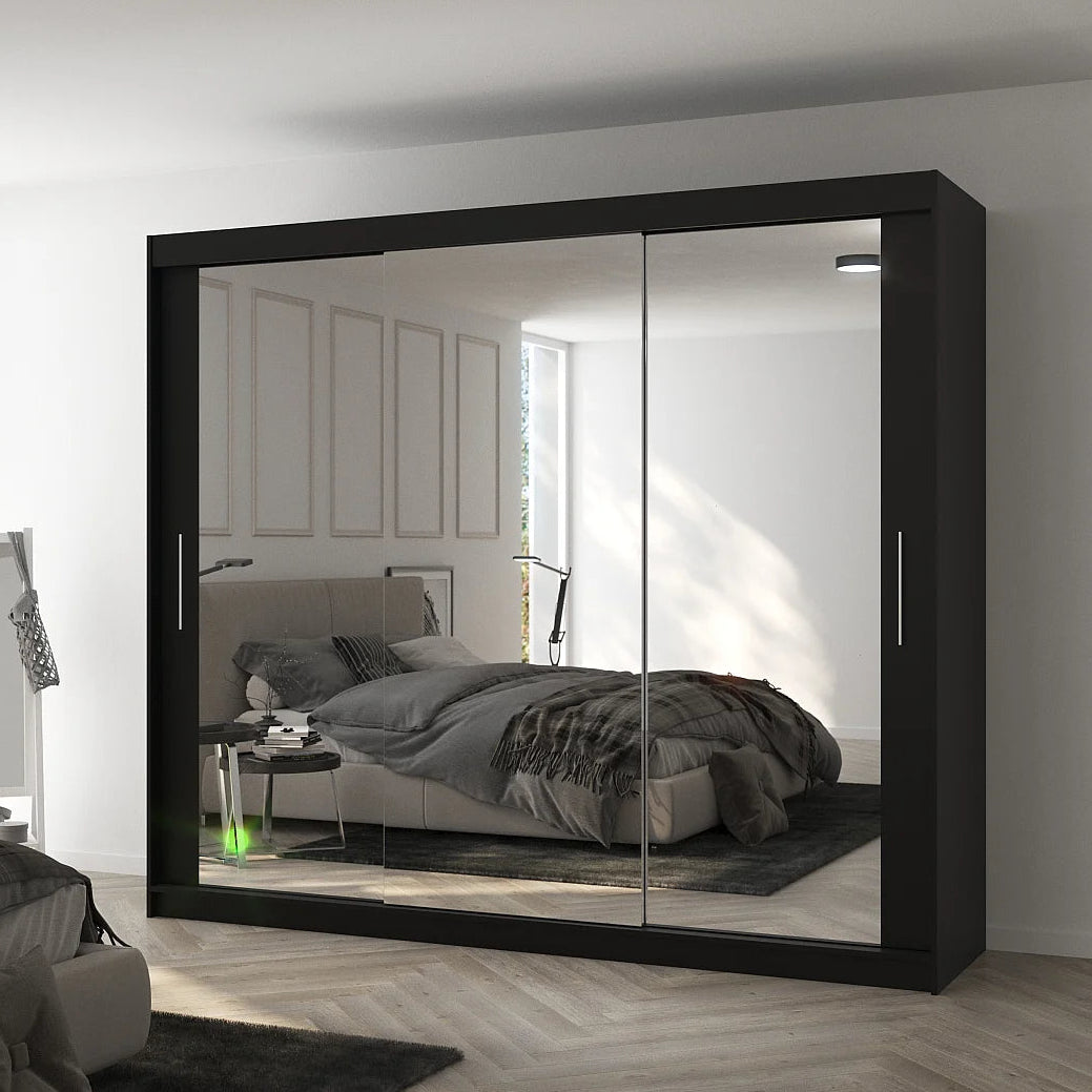 Armoire LES TENDANCES Douko 3 portes coulissantes noir miroir 250cm — photo produit