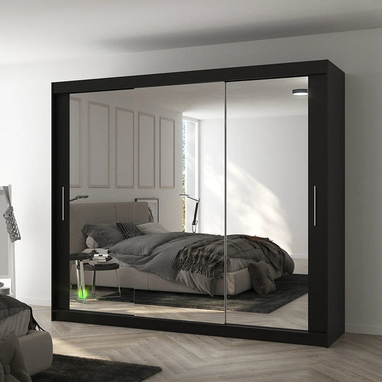 Armoire LES TENDANCES Douko 3 portes coulissantes noir miroir 250cm — photo produit