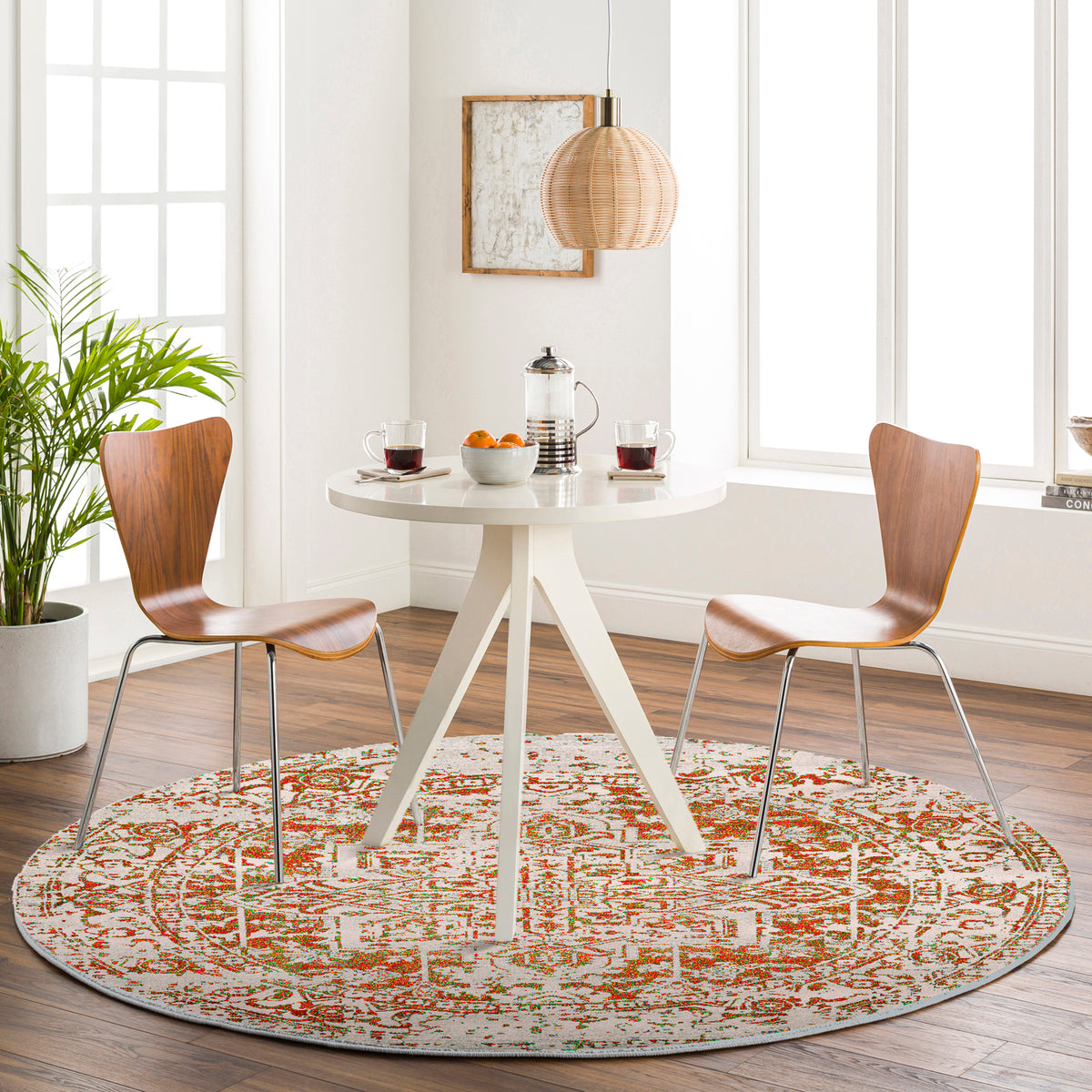 Tapis rond SURYA Syracusa oriental, motif médaillon délavé orange et écru, vue 10