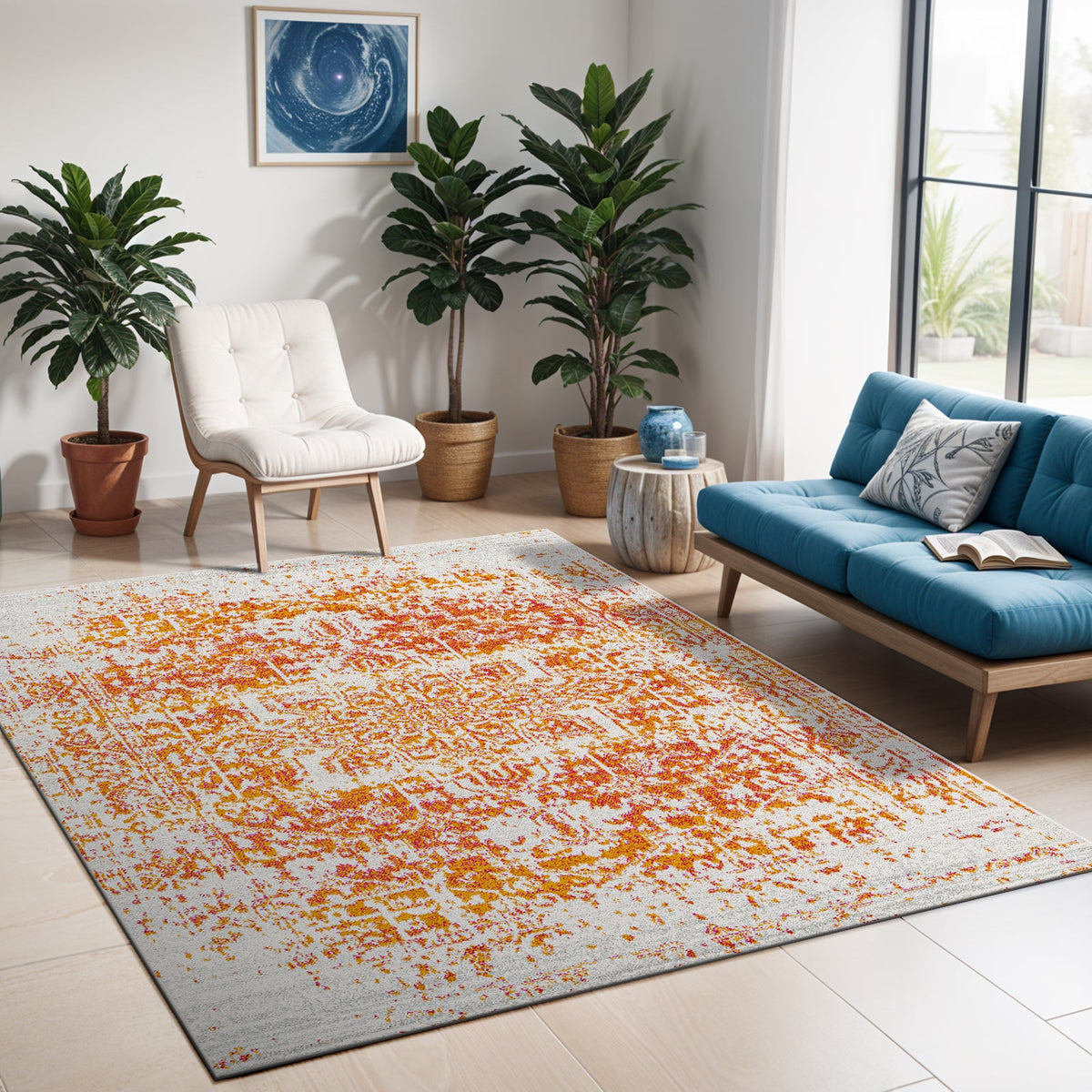 Tapis rond SURYA Syracusa oriental, motif médaillon délavé orange et écru, vue 12
